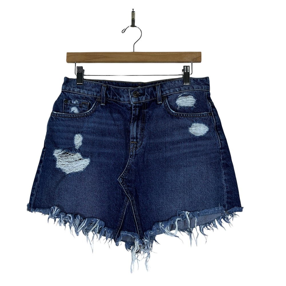 7 For All Mankind Distressed Raw Hem Denim Mini Skirt Dark Wash Edgy Size 28